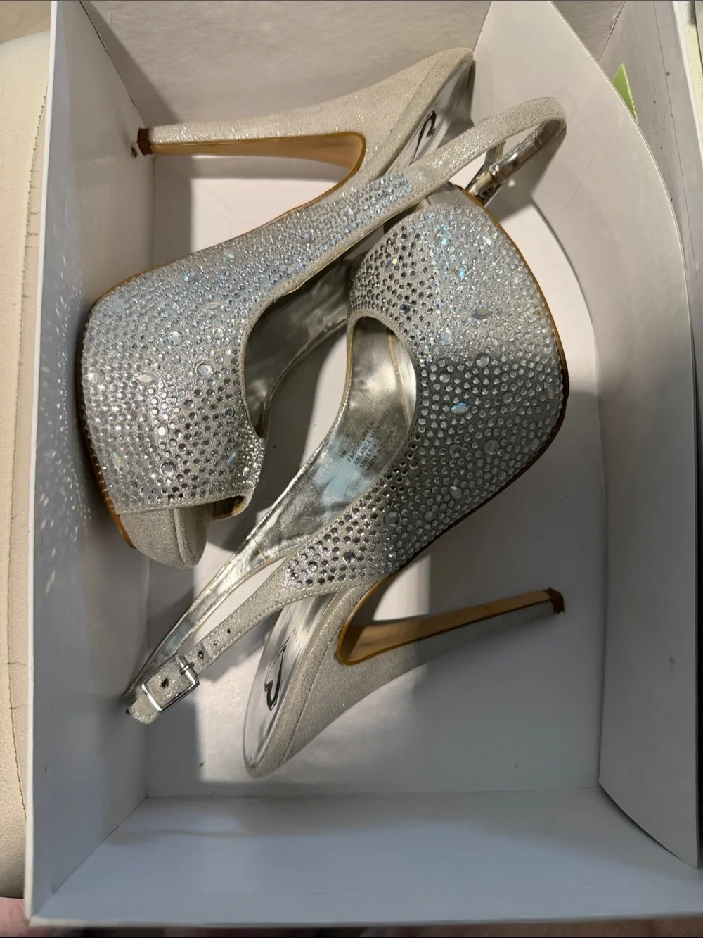 Steve Madden Silver Rhinestone Peep-Toe Slingback Heels